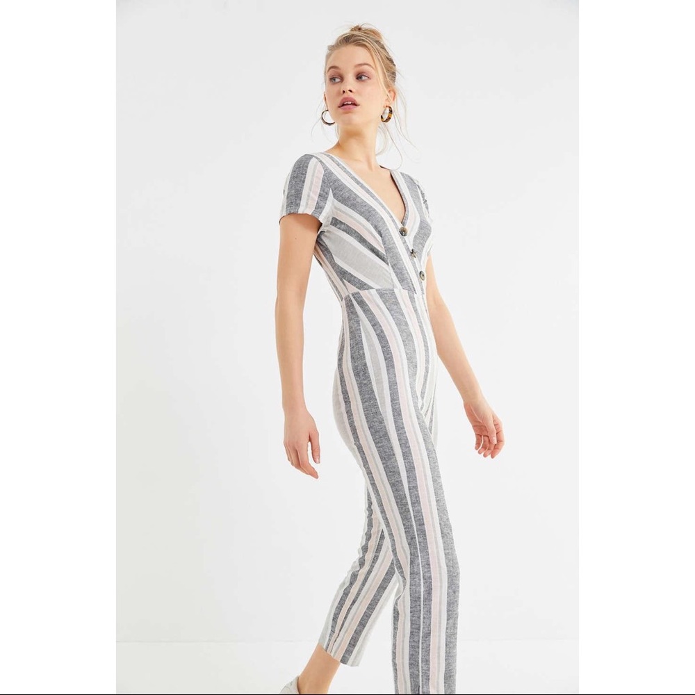 Urban Outfitters Striped V-Neck Jumpsuit in Gray and Cream